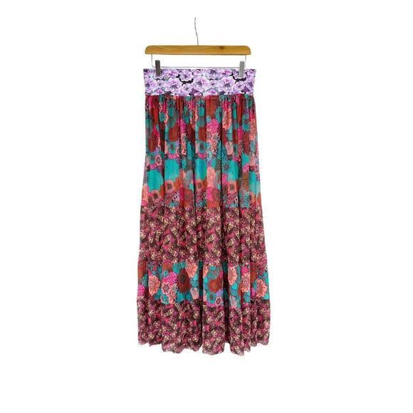 Maagi Bright Floral Mesh Maxi Skirt Tiered Swim Cover Up Beach Womens Medium - Picture 1 of 7